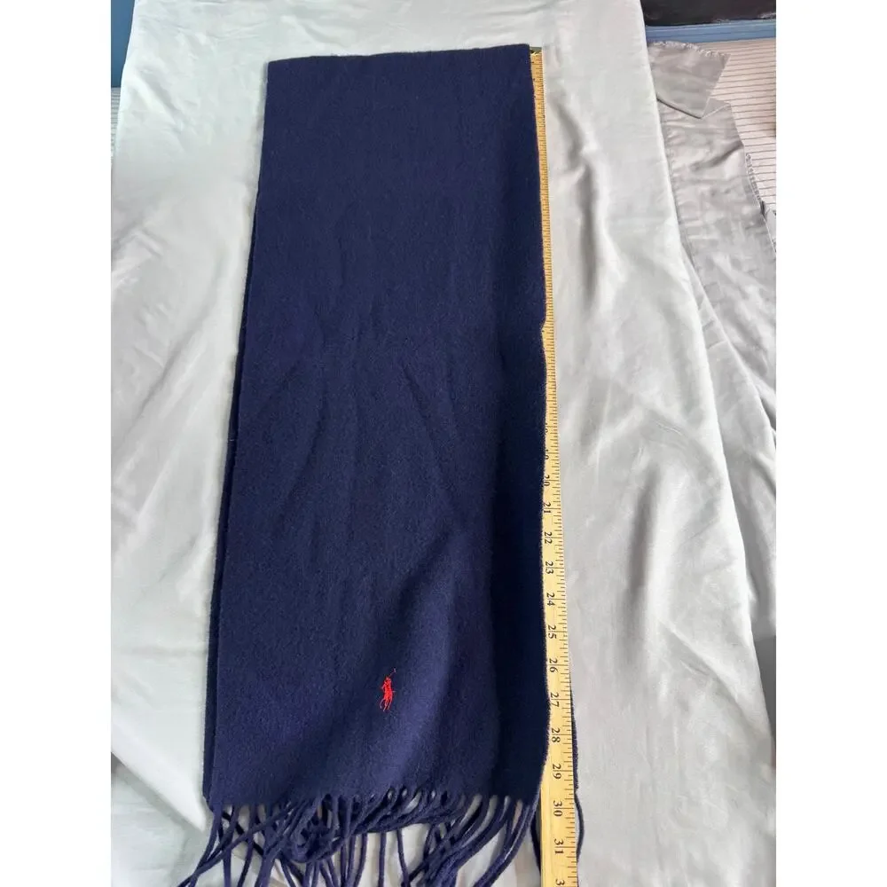 Polo Ralph Lauren Scarf Navy 100% Lambswool Fringe Italy Red Pony Logo Unisex